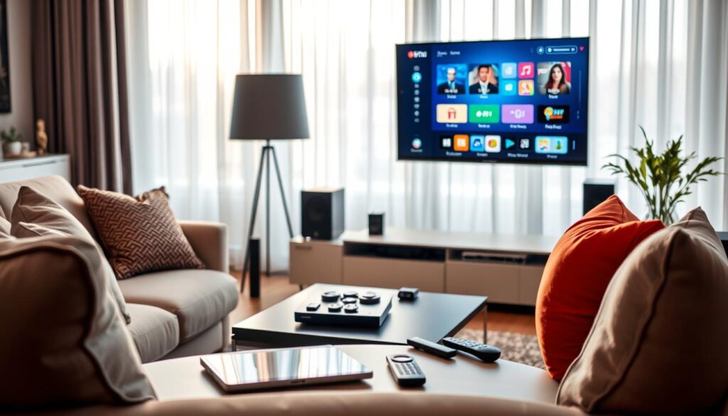 A contemporary living room setting featuring a sleek flat-screen TV displaying a digital streaming interface. In the foreground, a comfortable, modern sofa is adorned with stylish cushions, inviting relaxation. A smart device, like a tablet or smartphone, rests on a coffee table, highlighting the ease of accessing German IPTV services. The middle ground showcases a high-tech sound system and a variety of remote controls, symbolizing technical features and user-friendly functions. The background highlights a window with soft natural light filtering through sheer curtains, creating a warm and inviting atmosphere. The scene should capture a sense of comfort and modern technology seamlessly blended together, emphasizing the advanced features and conveniences offered by streaming services in Germany.