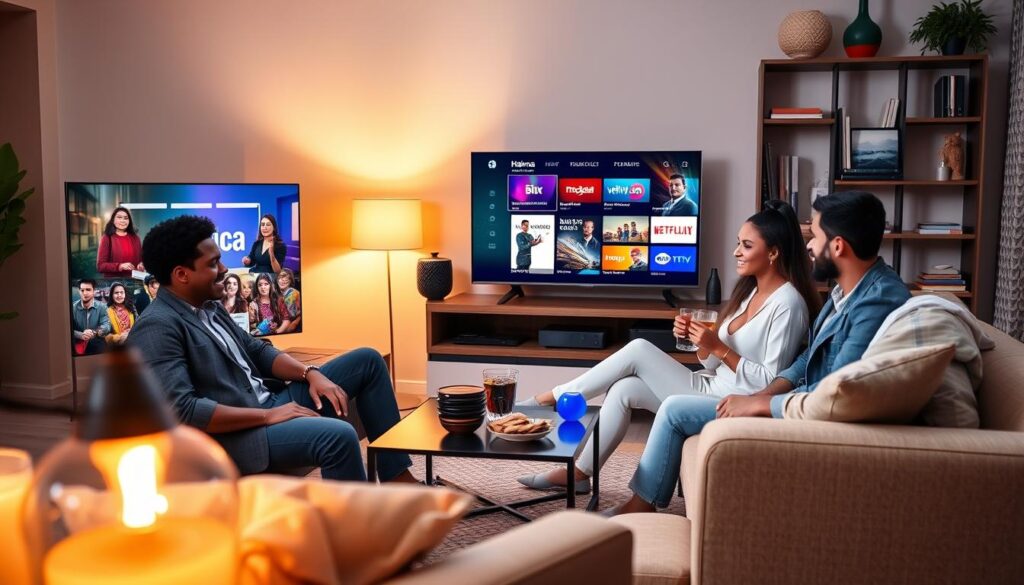 A cozy living room setting featuring a sleek television displaying the vibrant interface of Hakuna IPTV. In the foreground, a diverse group of three people—one man and two women—are seated comfortably on a modern sofa, dressed in smart casual attire, engaged in watching content together, smiling and relaxed. In the middle ground, a stylish coffee table holds snacks and drinks, while the warm, inviting light from a nearby lamp casts a soft glow over the scene, enhancing a cozy atmosphere. In the background, a shelf filled with books and decorative items complements the contemporary decor. The overall mood is enjoyable and lively, reflecting a delightful streaming experience with stable performance.