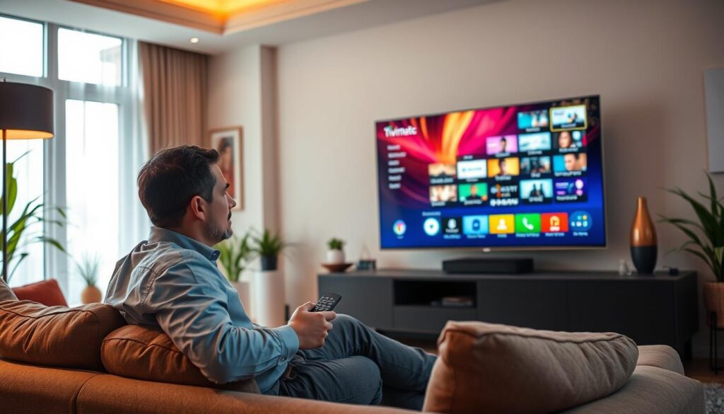 A cozy living room setting with a modern entertainment center featuring a large flat-screen TV displaying the Tivimate IPTV player interface, showcasing a vibrant array of channels. In the foreground, a person seated comfortably on a stylish couch, dressed in business casual attire, is intently watching the screen, with a remote control in hand. Their expression is focused and engaged, conveying a sense of enjoyment. Soft ambient lighting fills the room, creating a warm and inviting atmosphere, while natural light streams in through a window in the background, highlighting decorative elements like plants and art on the walls. The overall mood is relaxed but attentive, highlighting the user experience with the Tivimate IPTV player.