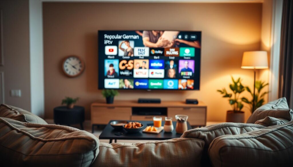A cozy living room setup featuring a modern smart television displaying popular German IPTV apps, with a sleek IPTV player device placed prominently nearby. In the foreground, a comfortable sofa with stylish cushions invites viewers to relax and enjoy streaming content. The middle ground shows a coffee table with snacks and drinks, emphasizing a casual, inviting atmosphere. In the background, soft ambient lighting casts a warm glow, enhancing the cozy vibe. A tasteful plant adds a touch of greenery to the scene. The overall mood is relaxed and enjoyable, reflecting the ideal environment for liquid streaming experiences. Use a wide-angle lens to capture the essence of the room, with soft focus on the television screen for a dreamy effect. A cozy living room setup featuring a modern smart television displaying popular German IPTV apps, with a sleek IPTV player device placed prominently nearby. In the foreground, a comfortable sofa with stylish cushions invites viewers to relax and enjoy streaming content. The middle ground shows a coffee table with snacks and drinks, emphasizing a casual, inviting atmosphere. In the background, soft ambient lighting casts a warm glow, enhancing the cozy vibe. A tasteful plant adds a touch of greenery to the scene. The overall mood is relaxed and enjoyable, reflecting the ideal environment for liquid streaming experiences. Use a wide-angle lens to capture the essence of the room, with soft focus on the television screen for a dreamy effect.