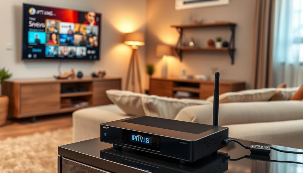 A cozy living room setup, showcasing a modern IPTV receiver connected to a sleek flat-screen TV displaying vibrant channels. In the foreground, the receiver sits on a stylish media console, with a remote control positioned nearby. In the middle, a comfortable sofa is adorned with plush cushions, inviting viewers to settle in for a perfect TV evening. The background features soft lighting, with a warm ambiance created by a floor lamp and natural light filtering through a window. The mood is relaxed and inviting, perfect for family entertainment. Capture the scene from a slightly elevated angle to highlight the arrangement and create a spacious feel, ensuring the focus remains on the IPTV setup without any text or watermarks.