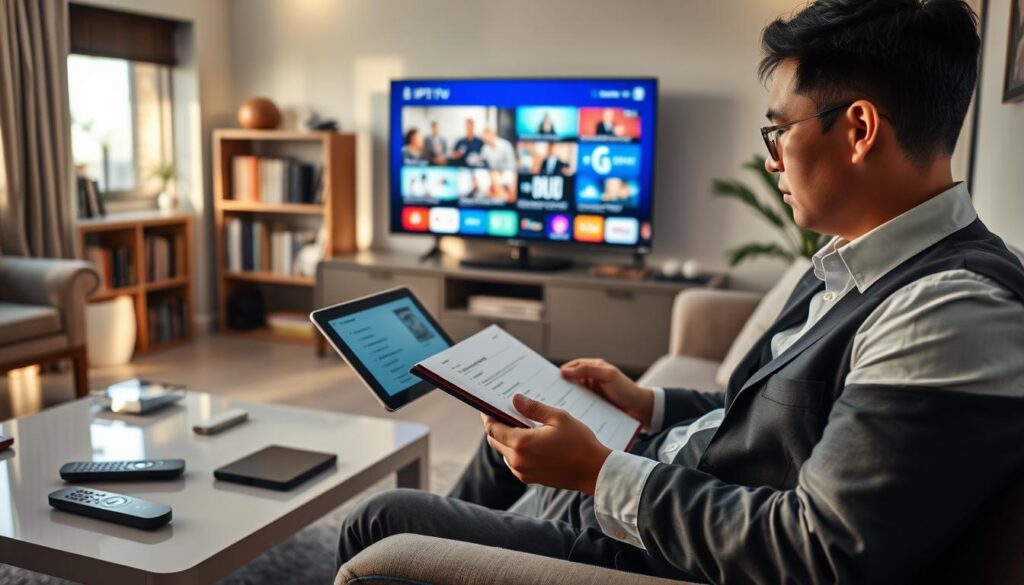 A cozy, modern living room setting with a comfortable sofa and a sleek coffee table, scattered with tech gadgets like a remote control and a tablet displaying an IPTV interface. In the foreground, a person of Asian descent, dressed in smart casual attire, is intently following a checklist on a notepad while seated comfortably. In the middle, a flat screen TV is showing vibrant stream graphics indicative of IPTV channels. The background features a shelf adorned with books about technology and entertainment. Soft, warm lighting creates an inviting atmosphere, with sunlight filtering through a window, casting gentle shadows. The overall mood is focused yet relaxed, encapsulating the theme of practical application and self-testing in exploring IPTV services.