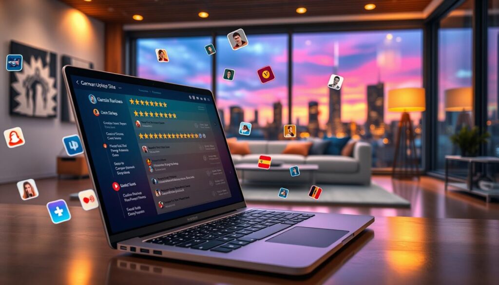 A detailed and visually appealing image showcasing user reviews about IPTV German services. In the foreground, an elegant laptop is open, displaying a vivid screen filled with user ratings and short comments in a realistic interface design. Surrounding the laptop, colorful icons representing German TV channels and series float around, adding a dynamic element. In the middle ground, a sleek modern living room is visible with a comfortable couch and a cozy ambiance, softly lit by warm, inviting lights. In the background, a large window shows a vibrant cityscape at dusk, hinting at a tech-savvy urban environment. The overall mood is positive and engaging, reflecting customer satisfaction and the excitement of enjoying German media.