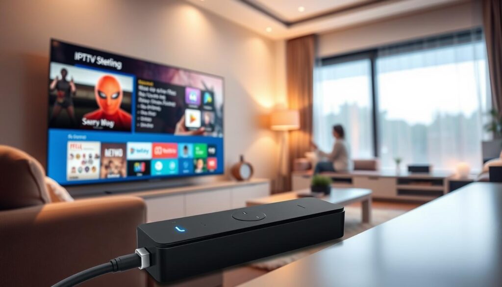 A detailed illustration of an IPTV stick showcasing its functionality in a modern living room setting. In the foreground, feature a sleek IPTV stick connected to a flat-screen television, with bright LED lights indicating it is powered on. In the middle, illustrate a user holding a remote control, attentively navigating a user-friendly interface displayed on the TV screen, showing various streaming options and app icons. In the background, depict a cozy, well-lit living room with stylish furniture, soft ambient lighting, and hints of modern technology such as a smart speaker. Use a warm color palette to create an inviting atmosphere, with a focus on clarity and detail, as if viewed through a 50mm lens, highlighting the stick's design and UI interaction.