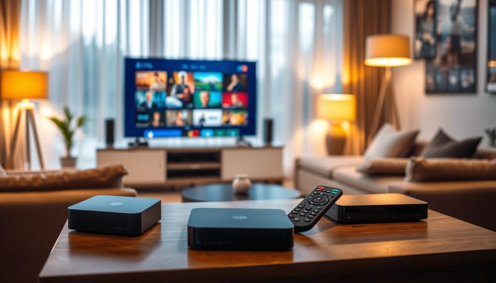 A detailed, professional illustration showcasing the top IPTV providers in Germany for 2026. In the foreground, display sleek, modern IPTV set-top boxes and remote controls, elegantly arranged on a stylish coffee table. The middle ground features a cozy living room setting, complete with an inviting couch and a large, flat-screen TV displaying vibrant visuals of streaming content. In the background, showcase a warm ambient glow from strategically placed lamps to create an inviting atmosphere, with window curtains gently fluttering. Use a soft-focus lens effect to draw attention to the IPTV devices, and employ warm lighting to enhance the cozy feel of the room. The image conveys innovation and comfort, emphasizing the relevance of IPTV in contemporary home entertainment.