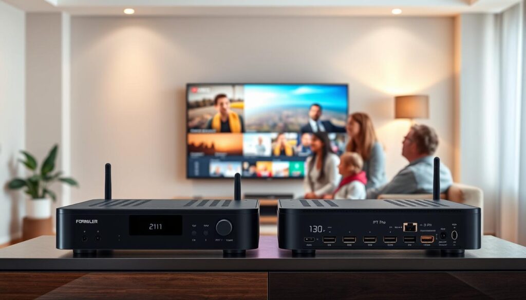 A detailed, realistic image of the Formuler Z11 and Z11 Pro IPTV receivers set against a modern living room backdrop. In the foreground, showcase the sleek design of both receivers, highlighting their unique features and connectivity ports, positioned on a stylish TV unit. In the middle, a large flat-screen television displays vibrant streaming content, while a family, dressed in casual but neat attire, watches intently, reflecting joy and engagement. In the background, soft ambient lighting creates a warm and inviting atmosphere, with subtle shadows playing across the walls. Use a slight overhead angle to enhance the depth of the scene, ensuring the focus remains on the receivers and the family interaction. The overall mood is cozy and connected, epitomizing the essence of flexible home entertainment.