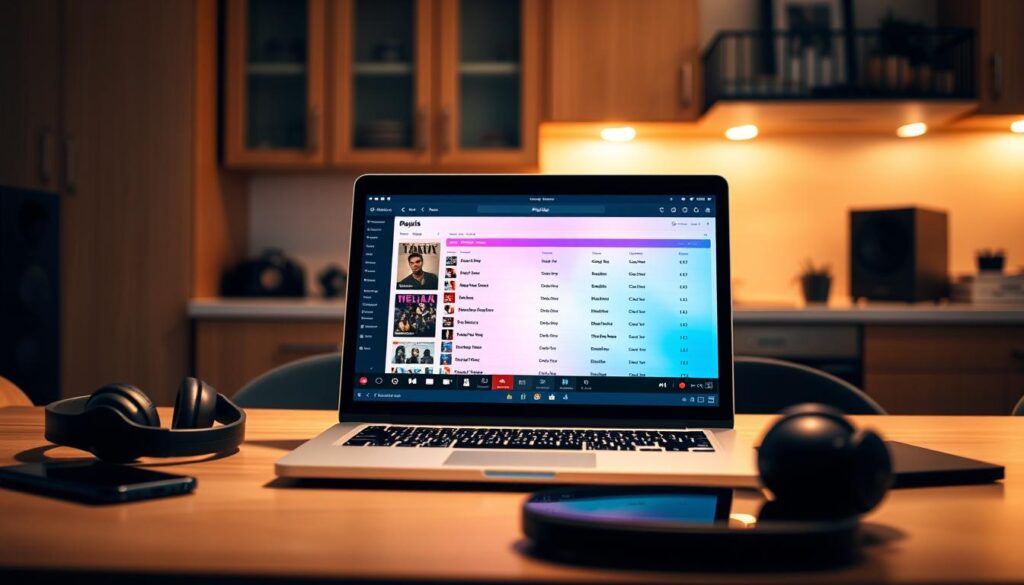 A digital workspace scene showcasing a modern computer screen displaying a user interface for uploading and managing playlists. In the foreground, an open laptop with a vibrant, colorful playlist on the screen, featuring album artwork and track lists. The middle section includes a stylish desk with professional tools like headphones and a smartphone. The background captures a cozy home environment with warm lighting, emphasizing a relaxed yet productive atmosphere. Soft shadows create depth, while a slight lens blur on the background cabinets helps focus on the laptop. The mood is inviting and tech-savvy, reflecting a contemporary approach to managing digital media.