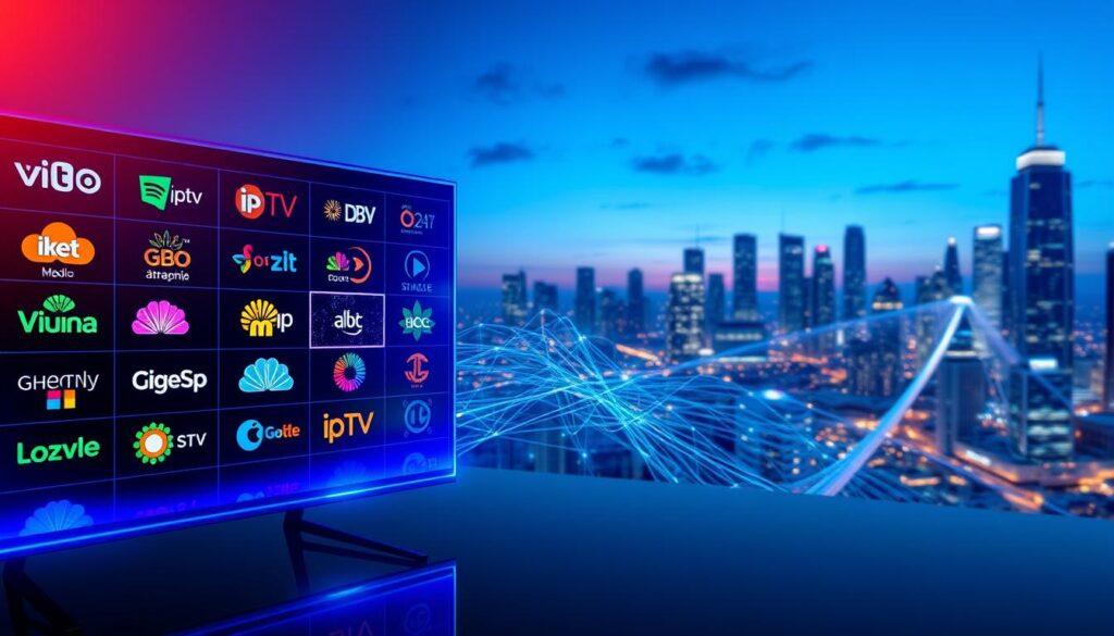 A dynamic and informative image portraying a comparison of IPTV providers for 2026. In the foreground, a sleek, modern digital interface displaying various IPTV logos arranged in a grid, glowing with vibrant colors. The middle layer features a virtual landscape of digital connections, with streams of light symbolizing data flow, and a high-tech feel. In the background, a stylized city skyline representing the future of technology, bathed in a soft blue twilight, creating an inviting atmosphere. Bright but balanced lighting enhances visibility of details in the interface. The overall mood is optimistic and cutting-edge, embodying innovation in digital entertainment. No text or human figures are included.