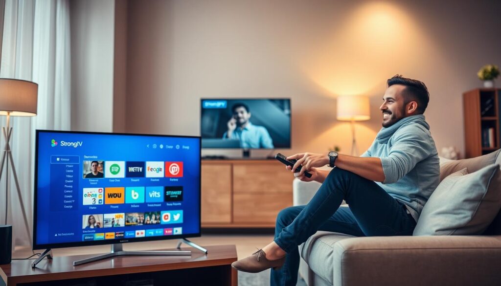 A dynamic comparison scene illustrating the advantages of Strong IPTV versus traditional TV providers. In the foreground, a sleek modern television displaying the Strong IPTV interface, vibrant colors showcasing various channels and streaming options. In the middle ground, a classic, bulky TV with an outdated interface, contrasting sharply with the modern setup. The background features a cozy living room setting, well-lit with soft, ambient lighting to create a warm atmosphere. A professional individual in modest casual clothing is seated on a couch, interacting with the IPTV remote, emanating an aura of satisfaction and ease. The overall mood reflects innovation, technological advancement, and user-friendliness, highlighting the clear differences between IPTV and traditional television in Germany.