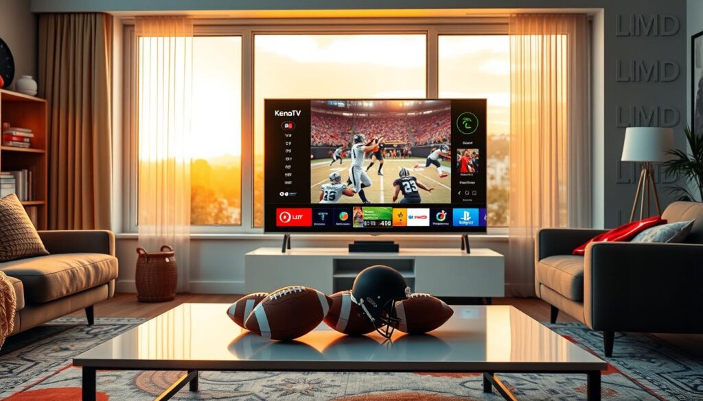 A dynamic scene depicting the KenoaTV streaming service focused on sports, featuring a sleek modern interface displayed on a large flat-screen TV in a cozy living room setting. In the foreground, a stylish coffee table with sports memorabilia, such as footballs and jerseys, is prominently placed. The middle section includes the TV showing an exciting live sports event, with vibrant colors and motion to convey the thrill of the game. In the background, a window showing a sunset casts warm golden lighting, enhancing the inviting atmosphere. The mood is energetic and engaging, perfect for sports lovers in North America. The image captures the essence of a lively sports-watching experience, without any text overlays or distractions.