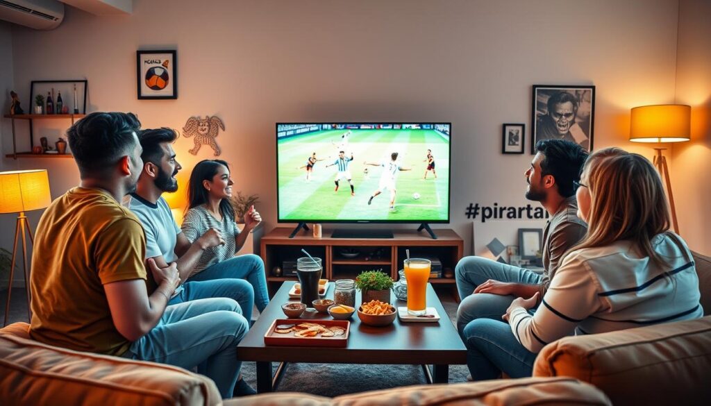 A dynamic scene illustrating a diverse group of enthusiastic sports fans gathered around a modern living room, intently watching a vibrant live sports match on a large flat-screen TV. The foreground features four individuals of different ethnicities, dressed in casual sports team apparel, displaying expressions of excitement and anticipation. In the middle ground, the TV showcases a lively soccer game with players in action, while the coffee table is adorned with snacks and drinks, enhancing the casual viewing atmosphere. In the background, a cozy home setting highlights sports memorabilia and warm lighting from floor lamps, creating an inviting ambiance. The overall mood is one of camaraderie and passion for sports, ideal for showcasing unlimited access to live sports for fans.