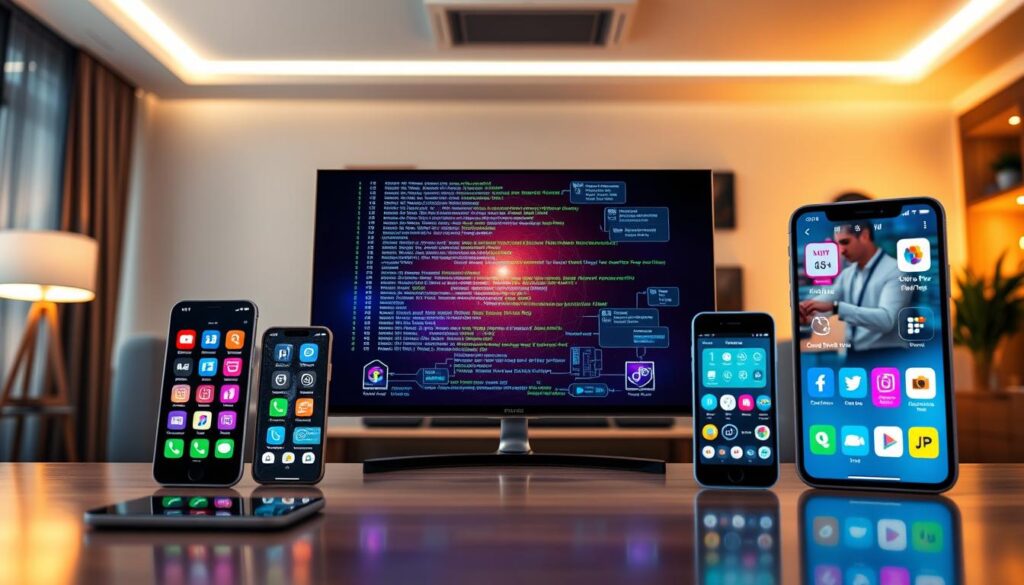 A futuristic digital interface showcasing "IPTV Smarters Pro Updates 2026". In the foreground, sleek high-tech devices such as smartphones and smart TVs displaying vibrant, colorful graphical user interfaces with various app icons representing different IPTV features. The middle layer should feature overlays of code and graphical representations of streaming data flows, emphasizing the software’s advanced capabilities. In the background, a modern, softly illuminated living room setting with a relaxed atmosphere, where a user in professional attire interacts with the devices. Warm, ambient lighting enhances the innovative feel, while a soft-focus lens effect adds depth to the scene, creating a sense of immersive technology and future possibilities.