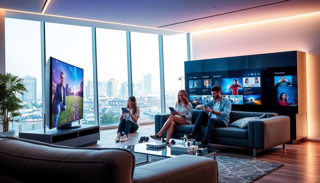 A futuristic living room in Germany, showcasing advanced IPTV technology. In the foreground, a sleek, modern television displays vibrant, high-definition streaming content. A family of four—dressed in smart-casual clothing—sits comfortably on a stylish sofa, engaging with interactive content on their tablet and smartphone. The middle ground features a high-tech entertainment unit with smart devices, showcasing various IPTV streaming options. In the background, large windows reveal a bright urban landscape, symbolizing connectivity and innovation. Soft, natural lighting illuminates the room, creating a warm and inviting atmosphere. The overall mood conveys excitement and optimism about the future of IPTV in Germany, highlighting trends and developments in digital entertainment.