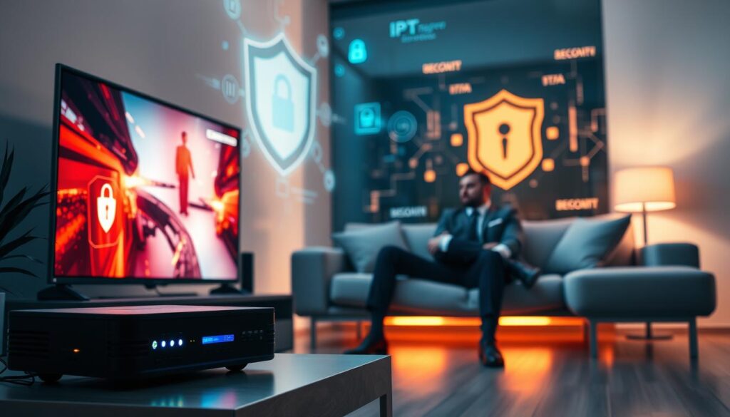 A futuristic living room setting illuminated with soft, warm lighting creates an inviting atmosphere. In the foreground, a sleek flat-screen television displays vibrant, high-definition IPTV streaming content. Beside the TV, a modern digital security device symbolizes protection and privacy, accentuated by glowing security icons. In the middle ground, a professional individual in business attire sits comfortably on a stylish couch, focused on the screen, embodying trust and confidence in the technology. Soft shadows enhance the room's depth, while the background features abstract digital graphics representing data security and confidentiality, lending a contemporary feel. The overall mood is serious yet reassuring, emphasizing the importance of privacy in IPTV streaming. A futuristic living room setting illuminated with soft, warm lighting creates an inviting atmosphere. In the foreground, a sleek flat-screen television displays vibrant, high-definition IPTV streaming content. Beside the TV, a modern digital security device symbolizes protection and privacy, accentuated by glowing security icons. In the middle ground, a professional individual in business attire sits comfortably on a stylish couch, focused on the screen, embodying trust and confidence in the technology. Soft shadows enhance the room's depth, while the background features abstract digital graphics representing data security and confidentiality, lending a contemporary feel. The overall mood is serious yet reassuring, emphasizing the importance of privacy in IPTV streaming.