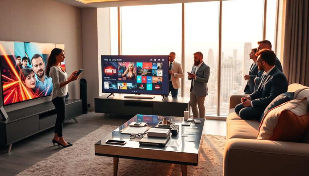 A futuristic living room setting, showcasing a sleek, modern television displaying vibrant IPTV content on the screen, surrounded by a diverse group of people in professional business attire discussing the latest trends in television formats. In the foreground, a young woman analyzes data on a tablet, while two men brainstorm ideas nearby. The middle ground features a stylish coffee table cluttered with digital devices and notes about content strategies. In the background, large windows let in warm natural light, revealing a cityscape that suggests innovation. The atmosphere is collaborative and optimistic, highlighting opportunities in the IPTV landscape, with a blend of technology and creativity. Soft lighting captures the dynamic interplay of ideas. A futuristic living room setting, showcasing a sleek, modern television displaying vibrant IPTV content on the screen, surrounded by a diverse group of people in professional business attire discussing the latest trends in television formats. In the foreground, a young woman analyzes data on a tablet, while two men brainstorm ideas nearby. The middle ground features a stylish coffee table cluttered with digital devices and notes about content strategies. In the background, large windows let in warm natural light, revealing a cityscape that suggests innovation. The atmosphere is collaborative and optimistic, highlighting opportunities in the IPTV landscape, with a blend of technology and creativity. Soft lighting captures the dynamic interplay of ideas.