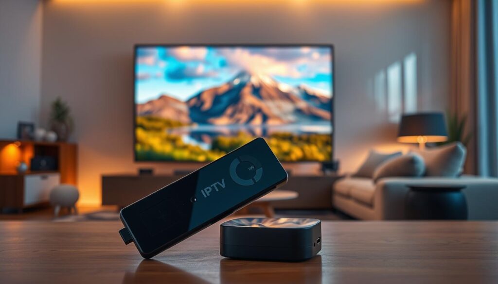 A high-quality IPTV stick prominently displayed in the foreground, sleek and modern design with glossy black finish, showcasing its ports and features. In the middle ground, a large, vibrant flat-screen TV displaying a breathtaking scene from a nature documentary, vivid colors and high-resolution clarity emphasizing the exceptional image quality. The background features a cozy living room setting with warm ambient lighting, plush sofa, and minimalistic decor, creating a welcoming atmosphere. A soft glow emanates from the TV screen, reflecting on the walls, highlighting the immersive streaming experience. The composition should evoke a sense of comfort and modern technology, inviting viewers to imagine themselves enjoying uninterrupted, high-definition content. No text or watermarks present.