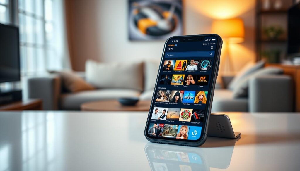 A high-quality screenshot of the IPTV Smarters Pro app interface displayed on a sleek, modern smartphone. The foreground features the app's menu with vivid thumbnails showcasing various channels and categories. In the middle ground, the phone rests on a clean, well-lit desk, with a subtle reflection of the screen visible. The background includes a soft-focus blurred image of a cozy living room setting, suggesting a comfortable viewing environment. The lighting is warm and inviting, with an emphasis on clarity and detail on the app's interface. Capture the overall mood of user-friendly technology, emphasizing the features and functionality of the IPTV Smarters Pro app, without any text or additional elements.
