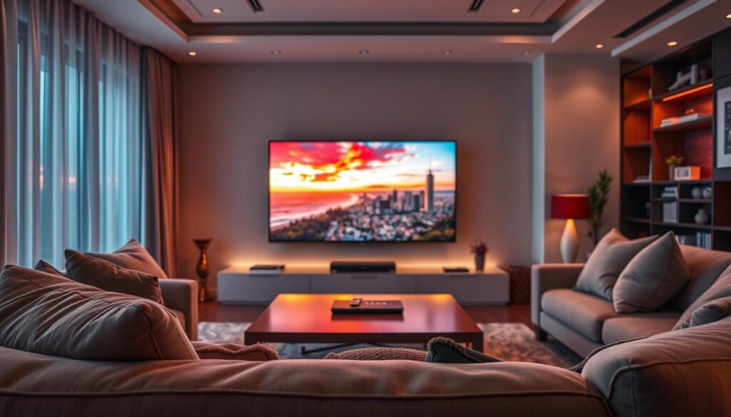 A high-tech living room showcasing a sleek, modern television displaying vibrant 8K UHD content. In the foreground, a cozy sofa is adorned with plush cushions, while a sleek coffee table holds a remote with IPTV controls. The middle ground features the TV screen glowing with ultra-realistic images of nature and cityscapes, demonstrating remarkable detail and color accuracy. Soft ambient lighting enhances the scene, with warm, inviting tones illuminating the room, creating a welcoming atmosphere. The background reveals tasteful decorations, with wall art and a bookshelf, adding depth to the environment. The entire composition captures an immersive and luxurious viewing experience, emphasizing the superior image quality of 4K and true 8K streaming.