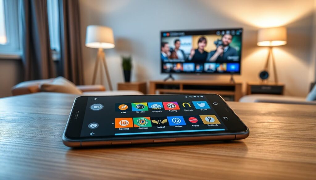A modern IPTV application interface displayed on a sleek Android smartphone resting on a stylish wooden table. In the foreground, the smartphone screen showcases vibrant German channel icons, including sports, news, and entertainment options, making it easy to navigate. The middle ground features a cozy living room with soft, ambient lighting from a lamp, casting gentle shadows. In the background, a large flat-screen TV shows a popular German show in HD quality, surrounded by comfortable furniture. The lens captures a slightly angled view to emphasize the smartphone and TV, with a warm, inviting atmosphere that highlights the convenience and appeal of using IPTV for German channels.