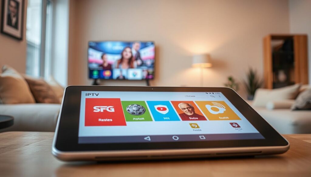 A modern IPTV application interface for German television displayed on a sleek Android tablet. Foreground features vibrant app icons representing various streaming services, elegantly arranged on the screen. In the middle ground, a cozy living room setting with a stylish couch, soft cushions, and a small coffee table, creating an inviting atmosphere. The background shows a softly lit room with subtle details, like a bookshelf and a flat-screen TV streaming content. The lighting is warm and inviting, showcasing the functionality of IPTV apps through the tablet's display. The scene captures a sense of relaxation and convenience, with a focus on user-friendly technology. A low-angle perspective enhances the view of the tablet and its application icons, emphasizing modern digital experiences. A modern IPTV application interface for German television displayed on a sleek Android tablet. Foreground features vibrant app icons representing various streaming services, elegantly arranged on the screen. In the middle ground, a cozy living room setting with a stylish couch, soft cushions, and a small coffee table, creating an inviting atmosphere. The background shows a softly lit room with subtle details, like a bookshelf and a flat-screen TV streaming content. The lighting is warm and inviting, showcasing the functionality of IPTV apps through the tablet's display. The scene captures a sense of relaxation and convenience, with a focus on user-friendly technology. A low-angle perspective enhances the view of the tablet and its application icons, emphasizing modern digital experiences.