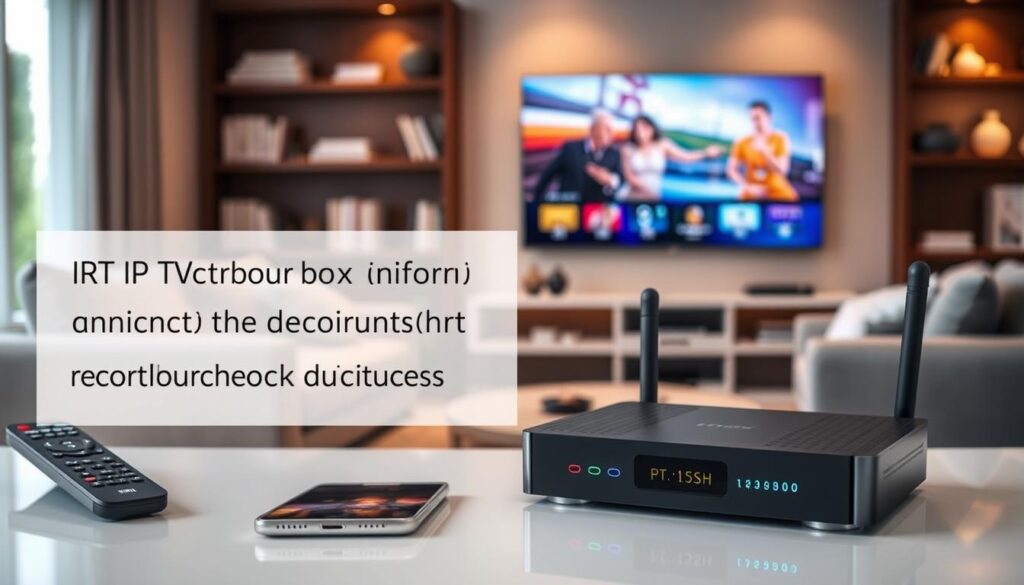 A modern IPTV box placed prominently in the foreground, showcasing its sleek design and LED indicators. The box is surrounded by various devices that highlight its compatibility, such as a remote control and a smartphone. In the middle ground, a cozy living room setting is visible, featuring a comfortable couch and a large flat-screen TV displaying vibrant streaming content. The background includes shelves with books and decorative items, softly lit by warm ambient lighting, creating an inviting atmosphere. The scene is captured from a slightly elevated angle, emphasizing the connection between the IPTV box and home entertainment. Overall, the image evokes a sense of technology seamlessly integrated into daily life, suitable for a discussion on requirements and ordering an IPTV box.