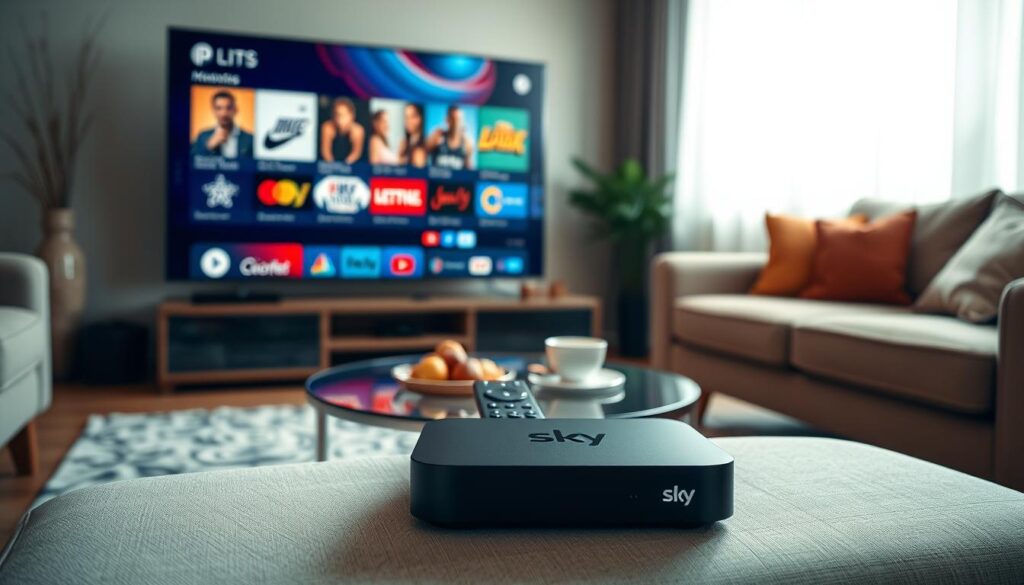 A modern IPTV box, specifically branded as "Sky," prominently displayed in a well-lit living room setting. In the foreground, the sleek box is connected to a high-definition television screen showcasing various vibrant app icons for streaming services like movies, sports, and live television. The middle ground features a stylish coffee table with a remote control and snacks, creating a cozy atmosphere. Behind, a bright window allows soft natural light to filter in, enhancing the warm ambiance. The decor is contemporary and inviting, with muted colors and comfortable seating. The overall mood is one of relaxation and entertainment, highlighting the technological quality and user-friendly interface of the IPTV box.