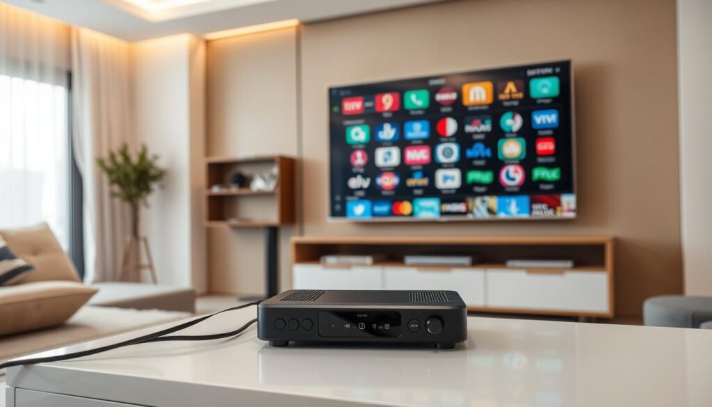 A modern IPTV receiver prominently displayed in a sleek, high-tech living room. In the foreground, the IPTV receiver is gracefully positioned on a stylish entertainment unit, with cables neatly organized. The middle ground features a large flat-screen TV showing a vibrant interface of various TV channels, displaying a colorful array of logos. The background showcases a contemporary decor of neutral tones with elegant lighting that creates a warm and inviting atmosphere. Soft natural light streams in through a window, enhancing the mood. The scene is captured from a slightly elevated angle to highlight the gadget and its integration into the home environment, reflecting a sophisticated yet cozy living space dedicated to quality entertainment.