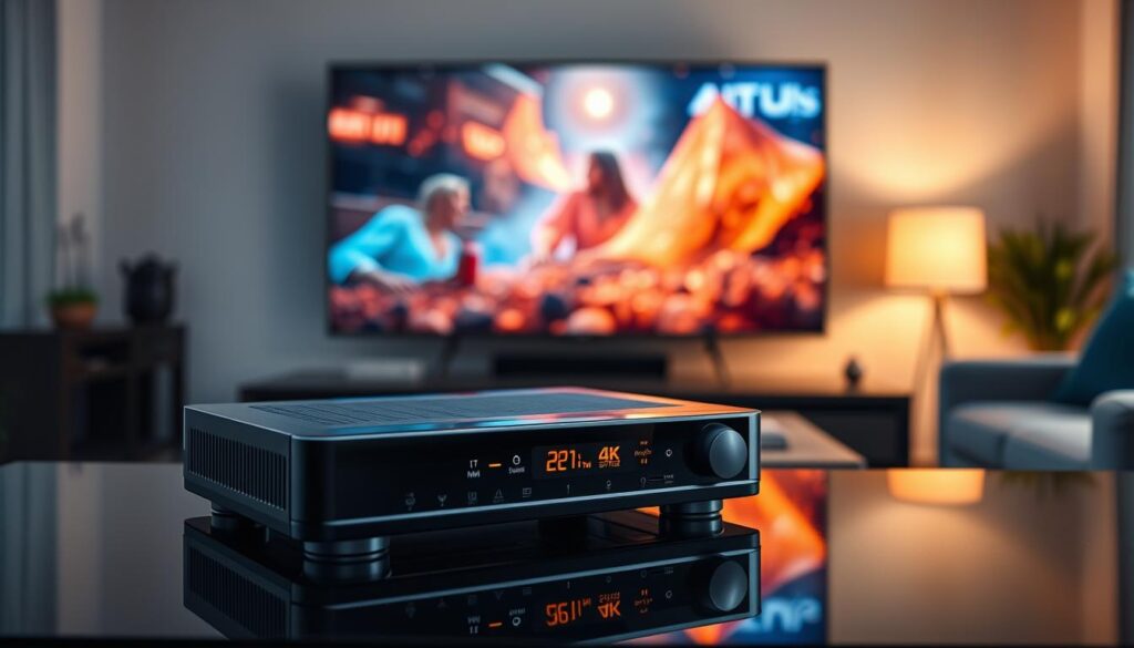 A modern IPTV receiver prominently displayed in the foreground on a sleek black table. The device should have a polished, high-tech design with illuminated buttons and ports visible, symbolizing cutting-edge technology. In the middle ground, a large 4K television screen showcases vibrant visuals with rich colors and sharp details, illustrating the superior picture quality provided by the IPTV service. The background features a stylish living room setting with soft ambient lighting, hinting at a cozy and inviting atmosphere. The composition should convey a sense of sophistication and enjoyment of media in a modern home. Use a shallow depth of field to keep the focus on the receiver and the screen, while the surrounding elements softly blur, enhancing the cinematic feel of the scene.