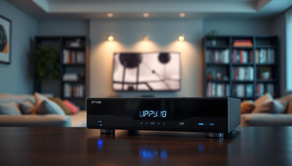 A modern IPTV receiver showcased prominently in the foreground, featuring sleek lines and a high-tech design. The device should have illuminated buttons and a digital display indicating connectivity options. Surrounding the receiver, a cozy home entertainment setup with a large flat-screen TV and a comfortable couch, emphasizing a relaxed viewing environment. In the middle ground, soft lighting illuminates the room, highlighting a stylish bookshelf filled with multimedia titles. The background features a calming wall color, enhancing the atmosphere of a contemporary living space. The image should be captured from a slightly elevated angle, focusing on the receiver while maintaining a warm and inviting mood, suitable for home entertainment enthusiasts.