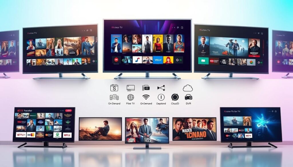 A modern and sleek digital illustration showcasing various IPTV services in a detailed overview. In the foreground, display multiple screens with diverse IPTV interfaces, featuring thumbnails of shows and movies, all distinctly labeled for clarity. The middle section can include stylized icons representing different IPTV service types, such as live TV, on-demand content, and cloud DVR, arranged in an engaging manner. The background should be a soft gradient of colors, symbolizing the digital nature of streaming. Lighting is bright yet soft to enhance visibility, with a slight depth of field effect to focus on the foreground elements. The atmosphere is informative and professional, appealing to readers seeking a clear understanding of IPTV services. A modern and sleek digital illustration showcasing various IPTV services in a detailed overview. In the foreground, display multiple screens with diverse IPTV interfaces, featuring thumbnails of shows and movies, all distinctly labeled for clarity. The middle section can include stylized icons representing different IPTV service types, such as live TV, on-demand content, and cloud DVR, arranged in an engaging manner. The background should be a soft gradient of colors, symbolizing the digital nature of streaming. Lighting is bright yet soft to enhance visibility, with a slight depth of field effect to focus on the foreground elements. The atmosphere is informative and professional, appealing to readers seeking a clear understanding of IPTV services.