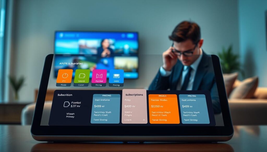 A modern and sleek image depicting the subscription models and pricing options for an IPTV service. In the foreground, an elegant tablet displays a user-friendly interface showcasing vibrant icons representing various subscription tiers, highlighted with categorized pricing plans in a clear, organized layout. The middle ground features a stylized depiction of a person in professional attire, intently analyzing the tablet, conveying a sense of engagement and focus. In the background, a soft-focus home entertainment setup, including a television with streaming visuals and comfortable seating, suggests a cozy viewing environment. The lighting is bright yet soft, creating a welcoming atmosphere, emphasizing professionalism and modernity. The overall mood is informative and inviting, ideal for illustrating a technology-focused section in a detailed article.