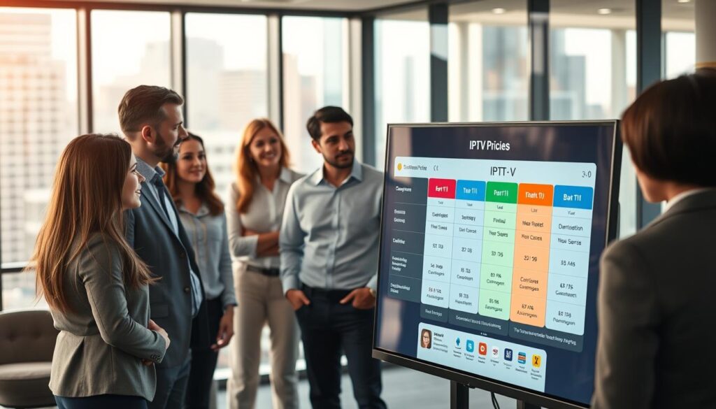 A modern and sleek office environment showcasing a detailed visual representation of a pricing model for streaming services, specifically for IPTV in 8K quality. In the foreground, a large digital screen displays colorful graphs and charts illustrating subscription tiers and benefits. In the middle ground, a diverse group of professionals in smart casual attire, engaged in discussion, observe the screen with expressions of curiosity and understanding. The background features glass walls with city views, bathed in soft natural light, creating an inviting atmosphere. The overall mood is informative and professional, emphasizing clarity and accessibility in understanding the pricing model. The image utilizes sharp focus to highlight details of the screen and a slight blur on the professionals to draw attention to the content.