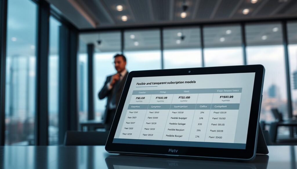 A modern and sleek office environment showcasing a digital display of IPTV pricing and subscription models. In the foreground, an elegantly designed tablet or laptop illustrates various flexible and transparent subscription plans. The middle ground features a professional-looking individual in business attire, thoughtfully analyzing the information. In the background, a large window offers a panoramic city view, providing ample natural light. Soft, ambient lighting enhances the atmosphere, conveying a sense of innovation and ease. The color palette should blend cool blues and warm grays, evoking a professional yet inviting mood that reflects the theme of sharp, high-definition television experiences. A modern and sleek office environment showcasing a digital display of IPTV pricing and subscription models. In the foreground, an elegantly designed tablet or laptop illustrates various flexible and transparent subscription plans. The middle ground features a professional-looking individual in business attire, thoughtfully analyzing the information. In the background, a large window offers a panoramic city view, providing ample natural light. Soft, ambient lighting enhances the atmosphere, conveying a sense of innovation and ease. The color palette should blend cool blues and warm grays, evoking a professional yet inviting mood that reflects the theme of sharp, high-definition television experiences.