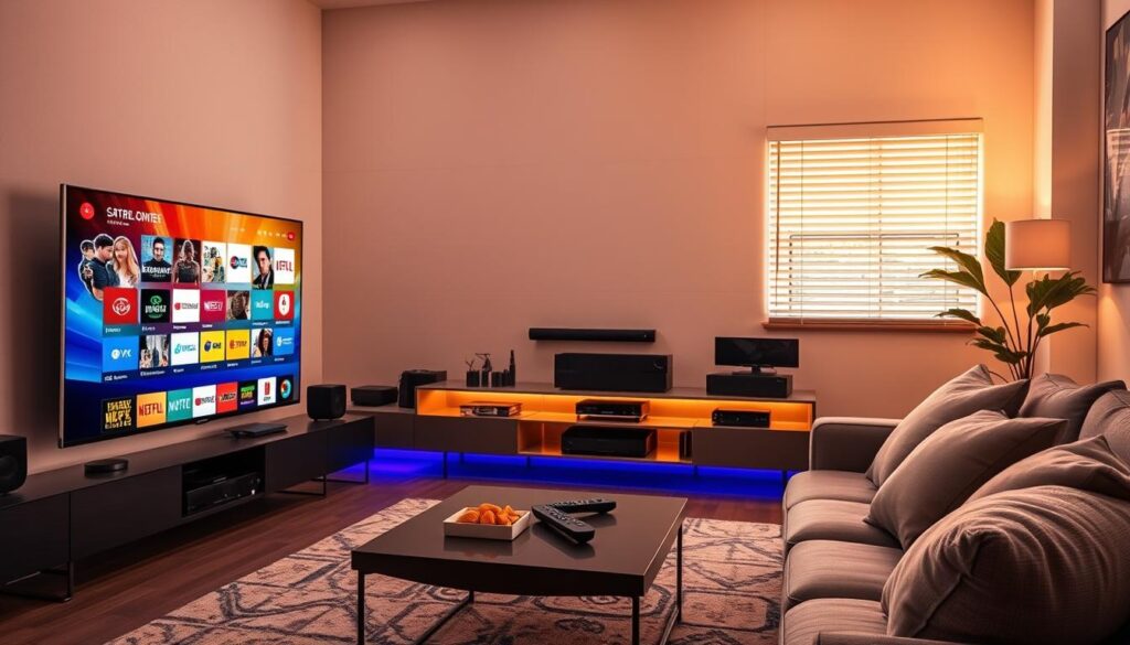 A modern and sophisticated living room setting, filled with high-tech gadgets showcasing a vibrant display of streaming services. In the foreground, a sleek, large screen TV is set against a minimalist wall, streaming a colorful array of channels and VOD content. A stylish coffee table holds a remote and snacks, inviting relaxation. In the middle ground, an elegant entertainment unit features various streaming devices and a soundbar, illuminated with soft ambient lighting. The background reveals a cozy sofa with plush cushions, window blinds partially open to let in warm, natural sunlight, creating a welcoming atmosphere. The mood is inviting and modern, emphasizing comfort and connectivity in media consumption.