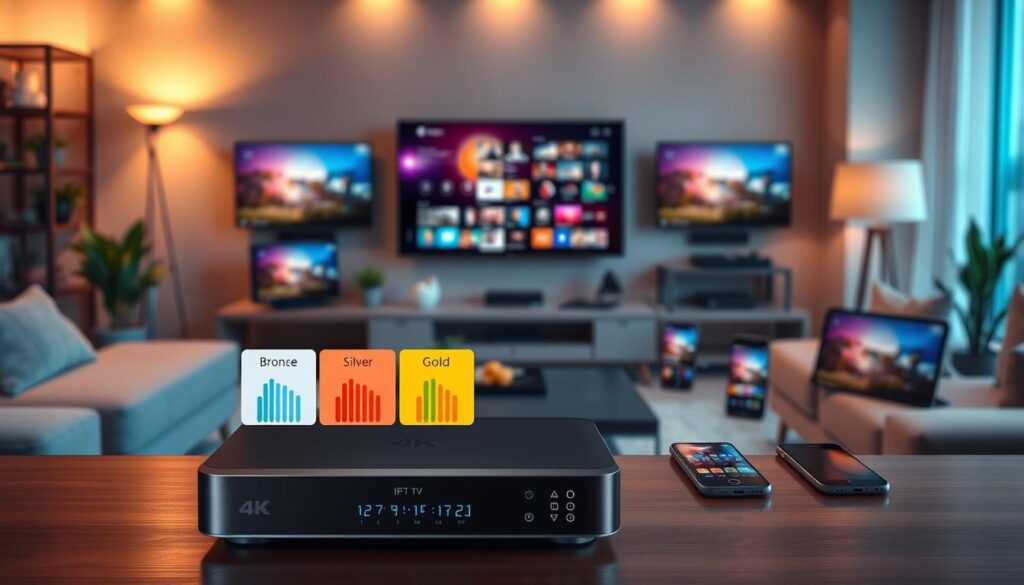 A modern and visually striking illustration of 4K IPTV subscription models and pricing plans. In the foreground, a sleek, high-tech IPTV set-top box displays various subscription options with colorful graphs and pricing tiers, showing bronze, silver, and gold packages. In the middle, an array of digital devices like smart TVs, tablets, and smartphones showcase the streaming content available in high resolution. The background features a cozy living room setting with contemporary furniture, dimmable warm lighting that creates an inviting atmosphere, and decorative elements like potted plants. The overall mood is professional and informative, emphasizing clarity and accessibility in modern digital entertainment options. Capture the scene from a slightly elevated angle to highlight the vibrant interaction between devices.