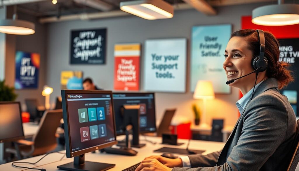 A modern and well-lit customer service center focused on IPTV support. In the foreground, a professional-looking customer service representative, dressed in business attire, is engaged in a friendly conversation over a headset, showcasing a warm smile. They are seated at a sleek desk with a computer displaying IPTV interface options, illuminated by soft, warm lighting. In the middle ground, several monitors are visible, showcasing user-friendly IPTV software and support tools. The background features a colorful, modern office with motivational posters related to technology and customer satisfaction. The overall atmosphere is inviting and efficient, emphasizing a seamless support experience in a digital age, captured with a slight depth of field to highlight the professionalism of the service.