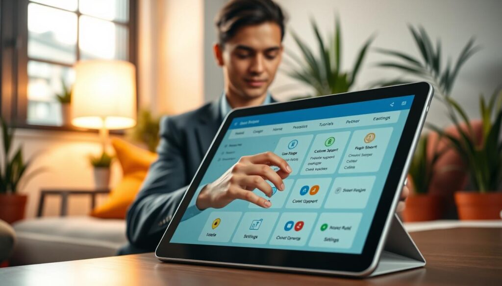A modern app interface displayed on a sleek tablet in a comfortable workspace. In the foreground, the tablet screen shows a user-friendly dashboard featuring intuitive icons for customer support, tutorials, and settings. In the middle, a professional individual, dressed in smart casual attire, is calmly navigating the app with a focused expression, showcasing user engagement. The background features a cozy, well-lit office environment with vibrant colors, plants, and a softly glowing desk lamp to add warmth. The lighting is bright but soft, creating an inviting atmosphere that emphasizes accessibility and ease of use. Capture this moment from a slight angle to highlight both the tablet and the user’s interaction with the app.