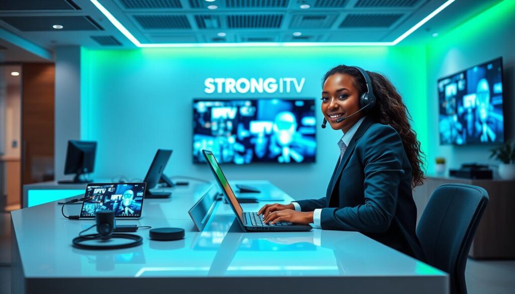 A modern customer service center for "Strong IPTV," featuring a professional support team in smart business attire. The foreground shows two diverse customer service agents, one Asian and one Black, actively engaged in assisting clients via headsets and laptops. In the middle ground, a sleek reception desk adorned with technology gadgets and screens displaying the IPTV interface creates a dynamic focus. The background reveals a vibrant, high-tech environment with soft blue and green ambient lighting, accentuating a sense of reliability and efficiency. A large screen on the wall showcases stunning 8K visuals, enhancing the theme of advanced streaming technology. The overall mood conveys professionalism and readiness, encapsulating the essence of 24/7 support in a friendly atmosphere.
