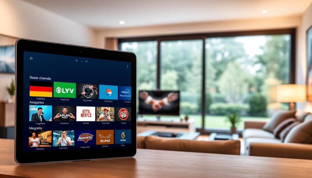 A modern digital interface showcasing various IPTV apps for German television. In the foreground, a sleek tablet displays colorful app icons featuring German channels, with a user-friendly navigation interface illuminated brightly. The middle ground features a cozy living room setup, including a stylish sofa and a TV, with a warm ambiance created by soft, diffused lighting. In the background, a large window reveals a serene garden view, adding a touch of tranquility. The focus is on creating a sense of ease and accessibility in entertainment, promoting a simple configuration and wide array of channel access. The mood is inviting and contemporary, evoking a feeling of comfort and enjoyment in home viewing experiences. A modern digital interface showcasing various IPTV apps for German television. In the foreground, a sleek tablet displays colorful app icons featuring German channels, with a user-friendly navigation interface illuminated brightly. The middle ground features a cozy living room setup, including a stylish sofa and a TV, with a warm ambiance created by soft, diffused lighting. In the background, a large window reveals a serene garden view, adding a touch of tranquility. The focus is on creating a sense of ease and accessibility in entertainment, promoting a simple configuration and wide array of channel access. The mood is inviting and contemporary, evoking a feeling of comfort and enjoyment in home viewing experiences.