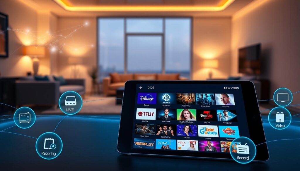 A modern digital landscape showcasing the features of IPTV Smarters Pro in 2026. In the foreground, a sleek tablet displays an interface filled with vibrant channel thumbnails, offering a view of diverse streaming options. Surrounding the tablet, icons symbolizing key functions like live TV, video on demand, and recording highlight the app's capabilities. In the middle ground, a contemporary living room with elegant furniture creates a cozy atmosphere, illuminated by warm, soft lighting that suggests evening relaxation. The background features a subtle, abstract representation of network connectivity, enhancing a sense of technology. The overall mood is innovative and inviting, reflecting a seamless blend of entertainment and cutting-edge functionality.