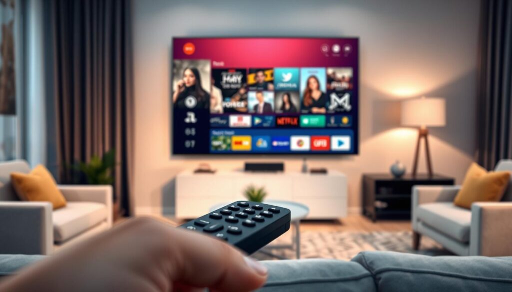 A modern digital rendering of an IPTV Smarters Pro app screenshot displayed on a sleek, contemporary smart TV in a stylish living room. In the foreground, focus on the app interface, showcasing user-friendly navigation with vibrant thumbnails representing various channels and on-demand content. In the middle ground, a close-up of the remote control is visible, hinting at user interaction, while the background features a cozy, well-lit living room with soft ambient lighting and chic furniture. A sense of comfort and sophistication permeates the space, portraying a seamless integration of technology into everyday life. The angle captures the screen clearly, emphasizing the app's vibrant graphics without any text or overlays, set in a welcoming atmosphere suitable for both solo streaming and family viewing.