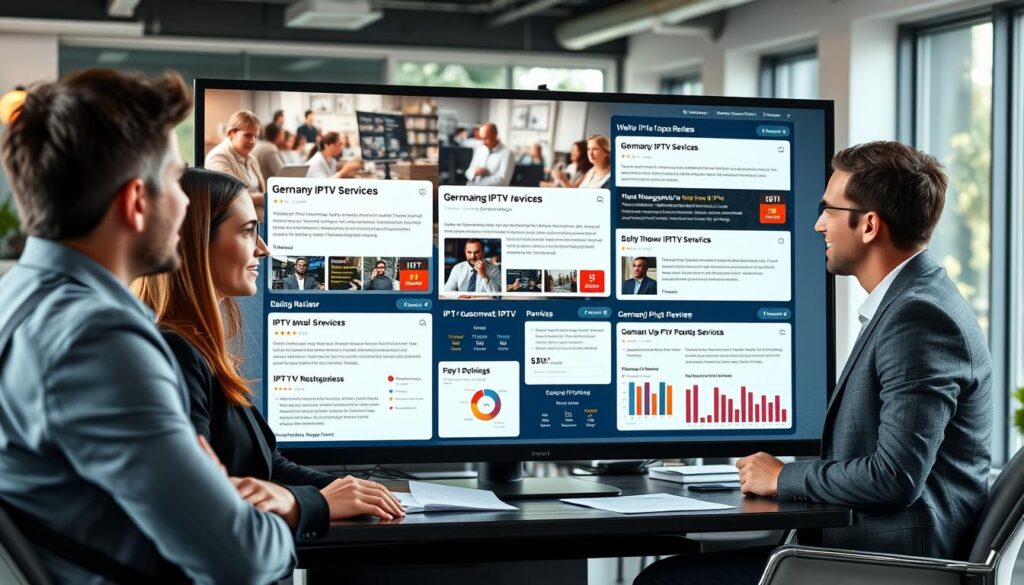 A modern, digital workspace filled with a large computer screen displaying various IPTV review websites about Germany IPTV services. In the foreground, diverse professionals in smart casual attire are seen discussing the reviews, their expressions reflecting thoughtful analysis. The middle ground features notes and graphs with ratings prominently showcased, indicating customer feedback and experiences. The background is a stylish office environment with a hint of greenery through the window, creating a bright and inviting atmosphere. Soft, natural light fills the room, highlighting the focus on customer opinions. The overall mood should be engaging and professional, emphasizing collaboration and insightful discussions about digital media services. A modern, digital workspace filled with a large computer screen displaying various IPTV review websites about Germany IPTV services. In the foreground, diverse professionals in smart casual attire are seen discussing the reviews, their expressions reflecting thoughtful analysis. The middle ground features notes and graphs with ratings prominently showcased, indicating customer feedback and experiences. The background is a stylish office environment with a hint of greenery through the window, creating a bright and inviting atmosphere. Soft, natural light fills the room, highlighting the focus on customer opinions. The overall mood should be engaging and professional, emphasizing collaboration and insightful discussions about digital media services.