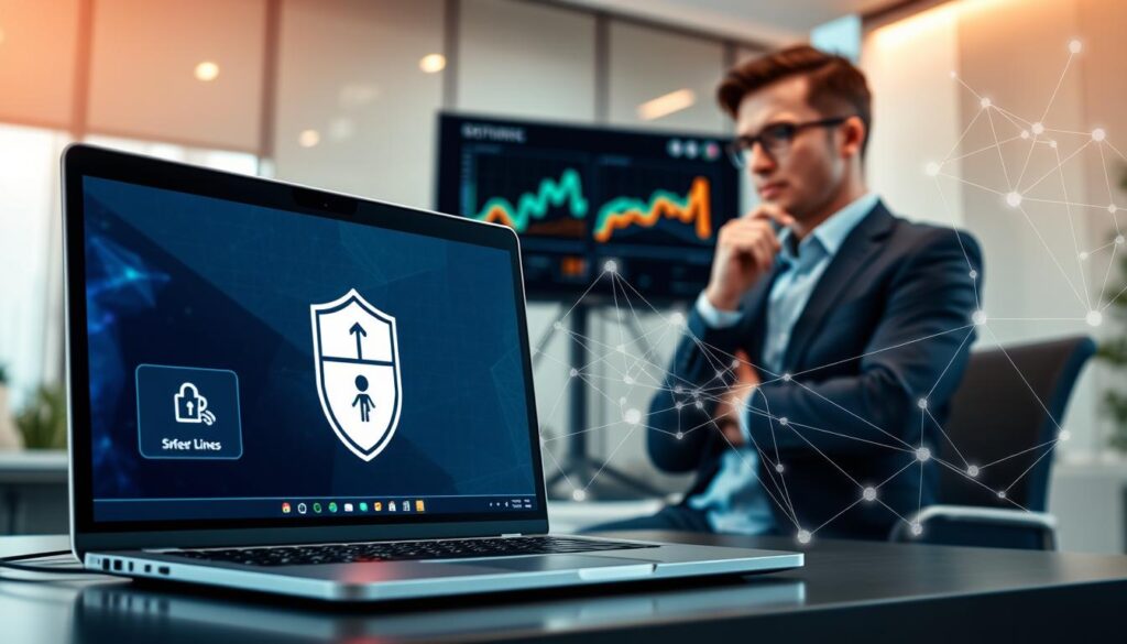 A modern digital workspace illustrating the concept of IPTV lines with VPN security. In the foreground, a sleek laptop displaying streaming software with visual indicators showing a secure connection. The middle ground features a professional individual, dressed in smart casual attire, thoughtfully analyzing data on a second screen—charts and graphs indicating streaming quality. The background showcases a modern office environment with soft, ambient lighting, hinting at a tech-savvy and secure atmosphere. A faint network diagram overlays the image, symbolizing connectivity and security. The overall mood conveys a sense of reliability, professionalism, and advanced technology, emphasizing the importance of secure streaming in daily life.