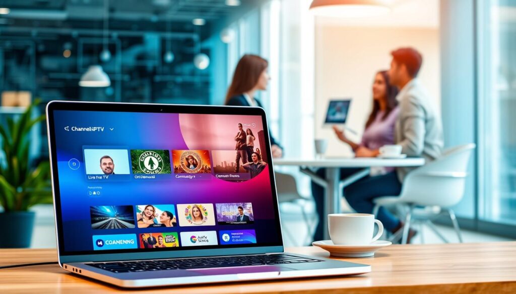 A modern digital workspace illustrating the features of the ChannelMoa IPTV service. In the foreground, showcase a sleek laptop displaying an interactive IPTV user interface featuring vibrant channels and options, such as 'Live TV', 'On-Demand', and 'Community Forums'. The middle layer portrays a group of diverse professionals in smart casual attire discussing and sharing ideas over coffee, emphasizing the active community aspect. In the background, a bright office setting with abstract digital elements and visual representations of streaming data and cloud technology, symbolizing the next-gen aspect. The lighting is bright and inviting, creating a dynamic and engaging atmosphere, focused on innovation and collaboration, captured with a slightly angled lens for depth.