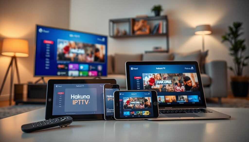 A modern home entertainment setup showcasing device compatibility for Hakuna IPTV. In the foreground, a sleek smart TV displaying the Hakuna IPTV interface, with a stylish remote control resting beside it. The middle ground features various compatible devices: a tablet, a smartphone, and a laptop, all displaying the Hakuna IPTV app. The background is a cozy living room setting, softly lit by warm, ambient lighting, with a comfortable sofa and decorative elements like a bookshelf and plant. The atmosphere conveys a sense of modern technology harmonizing with daily life, emphasizing accessibility and versatility across devices. Use a wide-angle lens to capture the entire scene, highlighting the connections between the devices and the relaxed environment.