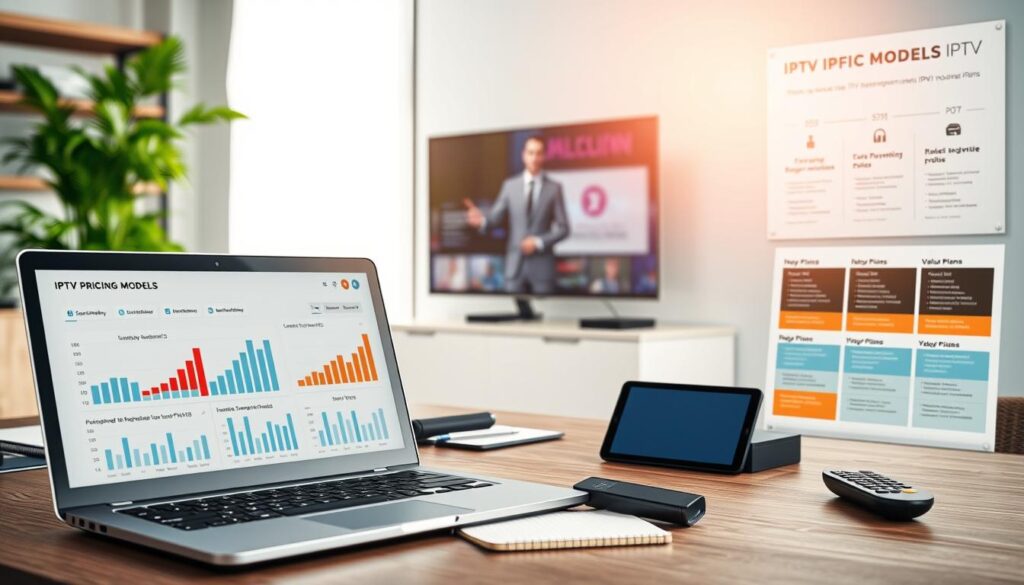 A modern, informative workspace displaying IPTV pricing models and value assessments. In the foreground, a sleek laptop shows graphs and charts detailing IPTV costs and subscriptions, with a calculator and notepad beside it for quick reference. The middle background features a well-organized desk with stylish items like a tablet and smart TV remote, reflecting advanced technology. The ambiance is bright and professional, with soft natural light streaming through a window, highlighting the organized space. To the side, a subtle infographic showcasing different IPTV plans is integrated into the scene. The atmosphere conveys a sense of clarity and efficiency, ideal for a tech-savvy audience interested in the value of IPTV services.