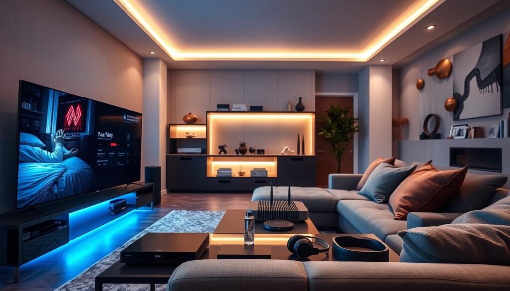 A modern living room designed for optimal IPTV streaming, showcasing a sleek, high-resolution 8K television prominently in the foreground. Surrounding the TV are advanced streaming devices, such as a compact media player, a high-speed router, and various streaming services represented by devices. In the middle ground, a comfortable sofa with plush cushions invites viewers, while a stylish coffee table features high-tech accessories like a universal remote and headphones. The background reveals a softly lit environment with ambient lighting, perhaps from smart LED strips along the shelves, creating a warm and inviting atmosphere. Use a wide-angle lens to capture the entire scene, emphasizing the tech while ensuring the mood is that of a cozy, high-tech viewing experience.