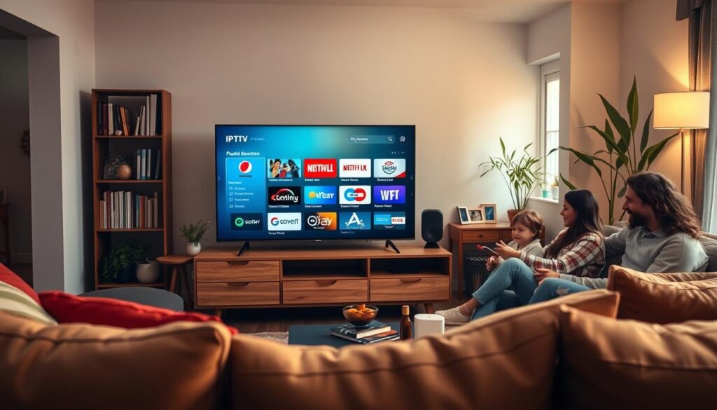 A modern living room featuring a sleek TV displaying an IPTV application interface showcasing popular German channels. In the foreground, a comfortable sofa with colorful cushions, and a stylish coffee table holding a remote control and snacks. The middle ground has the TV prominently displayed on a wooden media console, with ambient lighting casting a warm glow. The background displays a cozy bookshelf filled with books, plants, and a window letting in natural light, creating a welcoming atmosphere. The scene captures a family enjoying time together, dressed in casual, comfortable clothing, reflecting a relaxed mood. The perspective is slightly angled, giving depth to the composition, with a focus on the IPTV display as the central element.