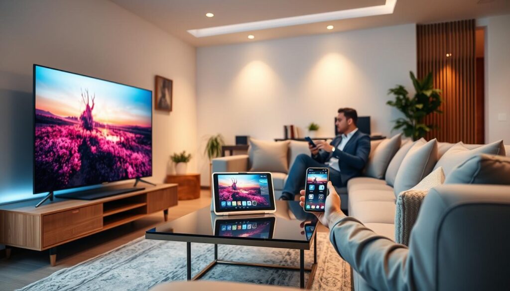 A modern living room featuring various devices compatible with streaming applications, emphasizing the seamless integration of smart TVs, tablets, and smartphones. In the foreground, a sleek smart TV displays vibrant 8K content with a subtle glow, while a stylish coffee table holds a tablet and smartphone, both showcasing the same interface. The middle ground includes a plush sofa where a professional-looking individual interacts with these devices, dressed in smart casual attire. The background is softly lit, with ambient lighting enhancing the warm, inviting atmosphere of the room. Use a wide-angle lens to capture the entire scene, focusing on the clarity and detail of the technology while maintaining a harmonious and contemporary aesthetic.