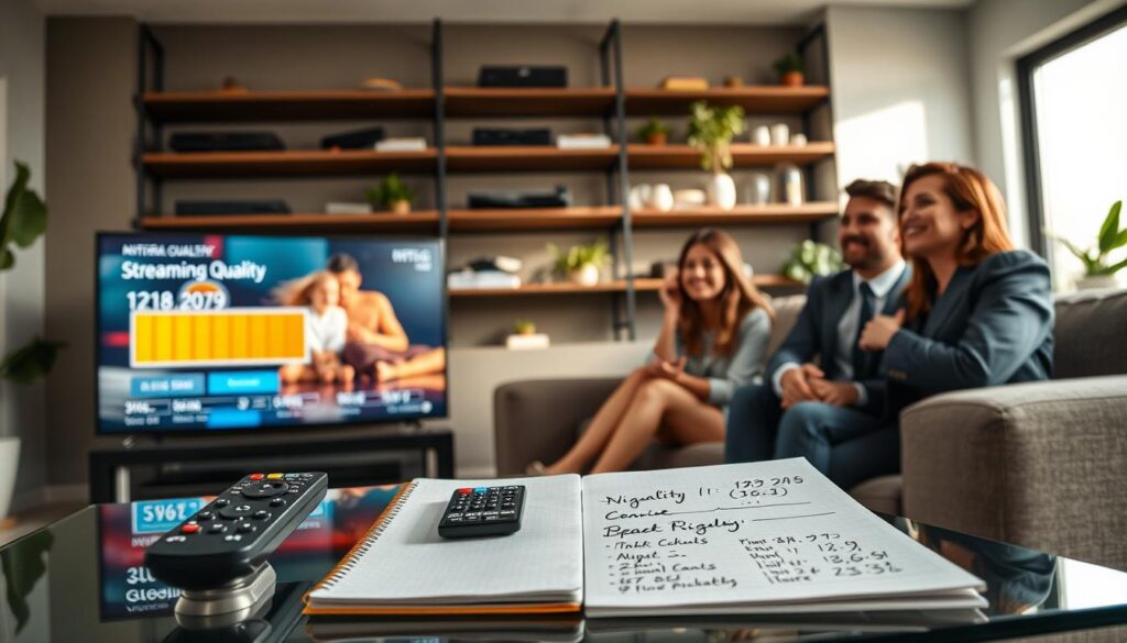 A modern living room filled with high-tech streaming equipment, showcasing a large flat-screen TV displaying a vibrant streaming quality indicator with high resolution visuals. In the foreground, a sleek remote control rests on a glass coffee table, next to a notebook with technical specifications written in neat handwriting. In the middle, a stylish couch featuring a family of four dressed in professional business attire, watching intently, their expressions conveying excitement and engagement. The background features shelves with streaming devices and decorative plants, bathed in soft, natural lighting from a window, creating a cozy yet sophisticated atmosphere. The overall mood should feel modern, insightful, and focused on technology, illustrating the importance of streaming quality and technical requirements for viewers.